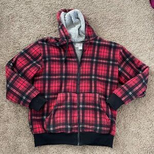 Real Work Wear Flannel Plaid Sherpa Lined Zip Front Hooded Shirt Jacket Medium